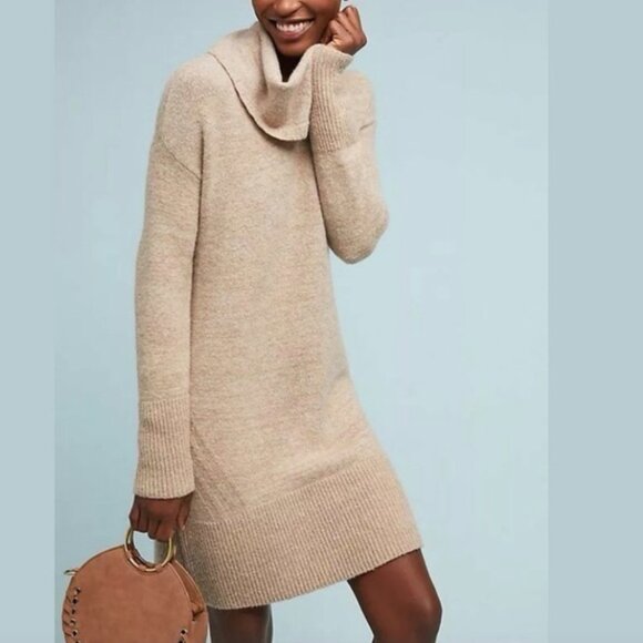 NWOT Tan Anthropologie Turtle Neck Sweater Dress - Picture 1 of 7
